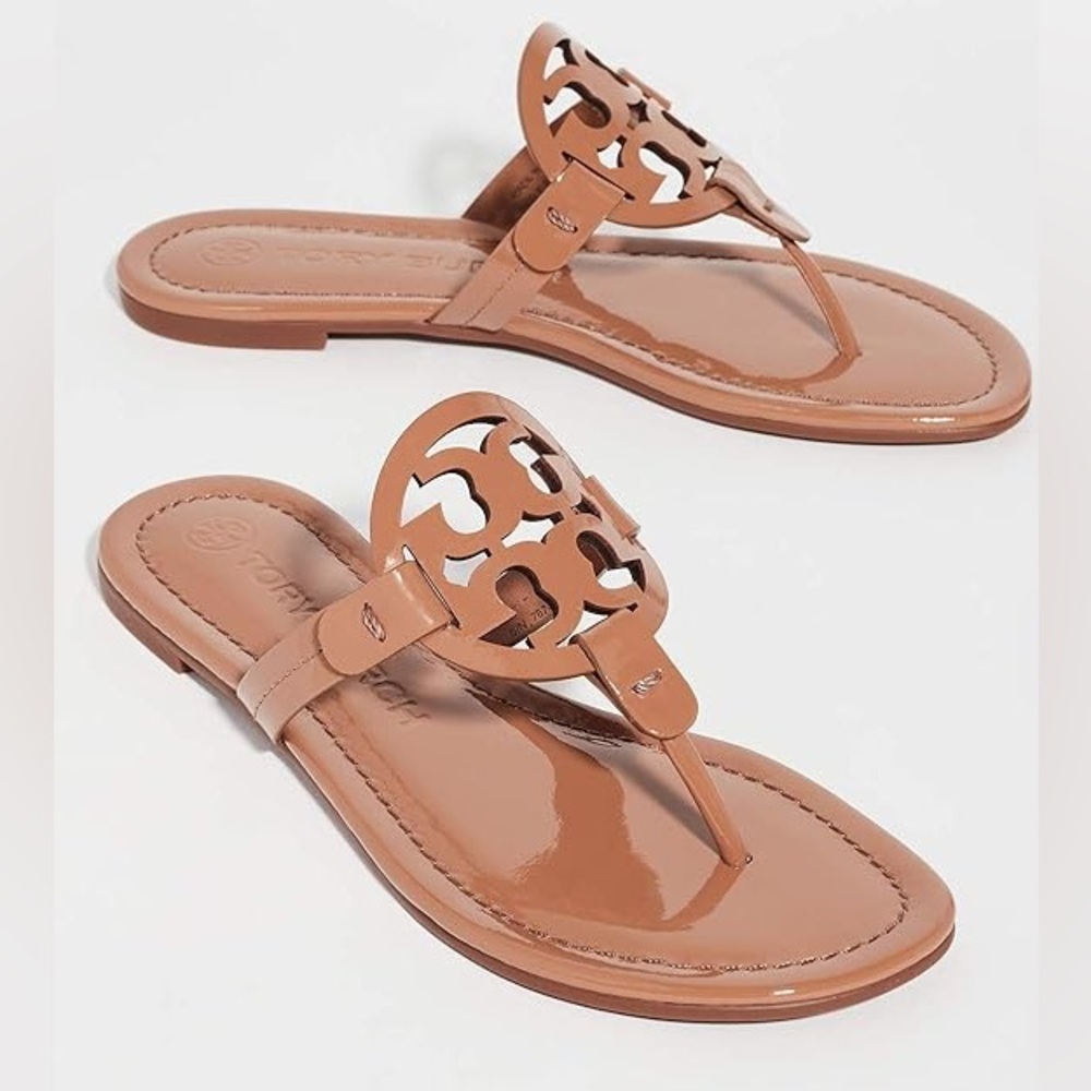Tory Burch Miller Patent Leather Thong Flip Flop Sandal, Tan, Size 9